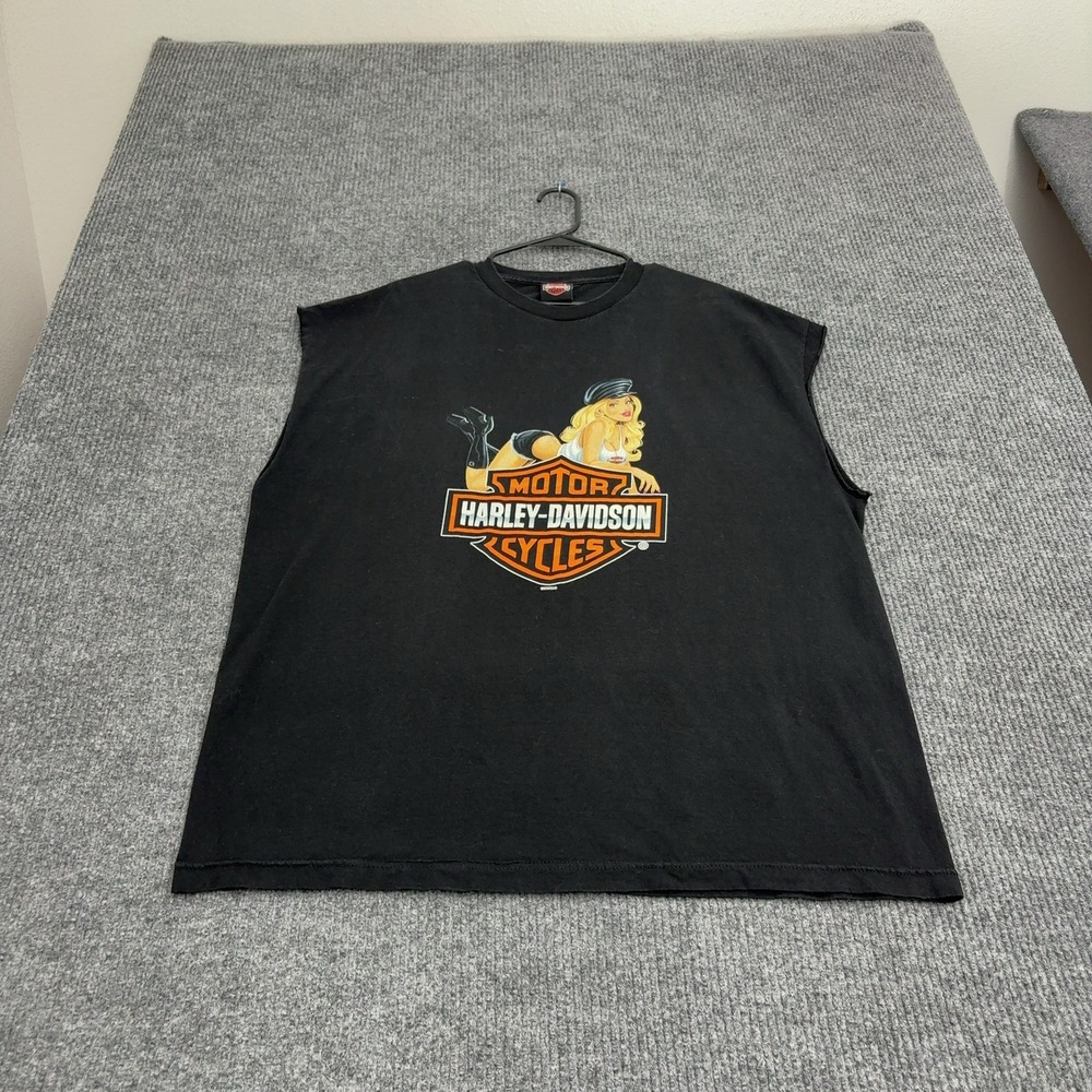 Harley Davidson Shirt Mens 2XL Black Cotton Cut Off Sleeve Graphic Biker Retro